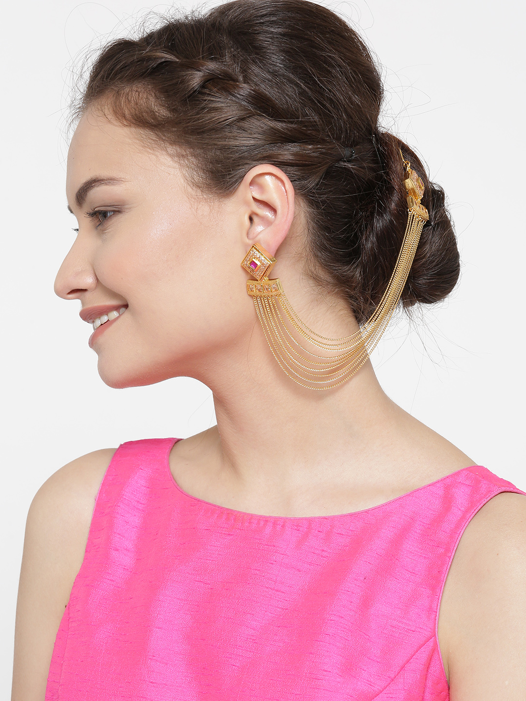 YouBella Gold-Toned  Pink Geometric Studs with Ear Chains
